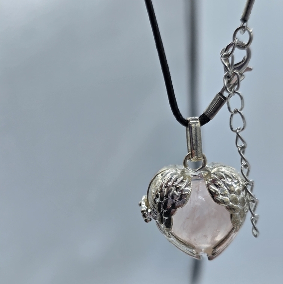 Pink Rose Quartz Crystal Sphere w/ Angel Wings Locket Necklace - Picture 3 of 7